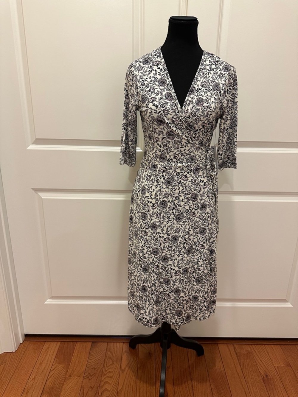 Black and White Floral Wrap Midi Dress